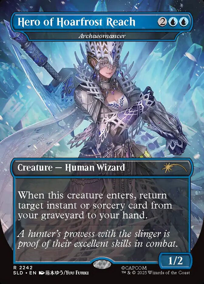 A Hunter nocks an arrow into her slinger via Hero of Hoarfrost Reach (Card #2242, Magic: The Gathering Secret Lair Drop - Monster Hunter: The Hunters (Canceled), Wizards of the Coast. Art by Yuu Fujiki.