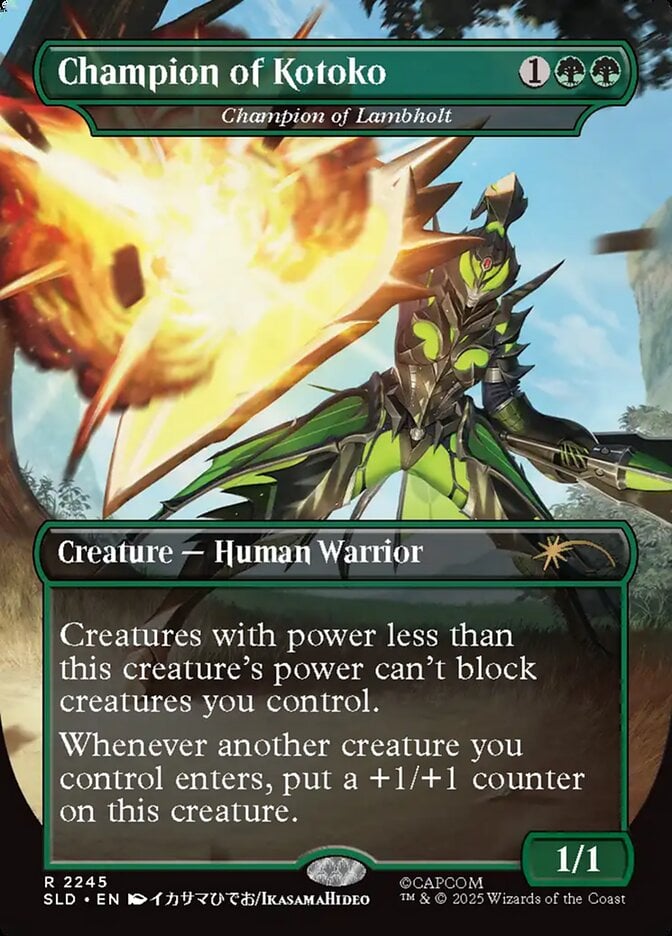 A Hunter strives to be the strongest company president in the entire world via Champion of Kotoko (Card #2245, Magic: The Gathering Secret Lair Drop - Monster Hunter: The Hunters (Canceled), Wizards of the Coast. Art by IkasamaHideo.
