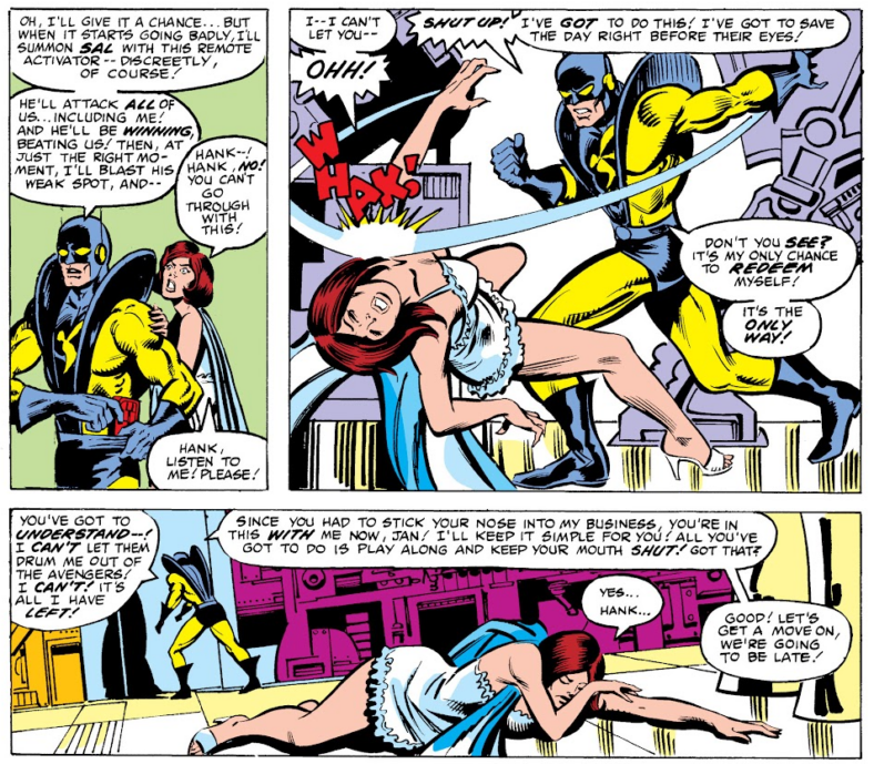 Hank Pym lays hands on Janet during a mental break in Avengers Vol. 1 #213 "Court-Martial" (1981), Marvel COmics. Words by Jim Shooter, art by Bob Hall, Dan Green, Don Warfield, and Janice Chiang.