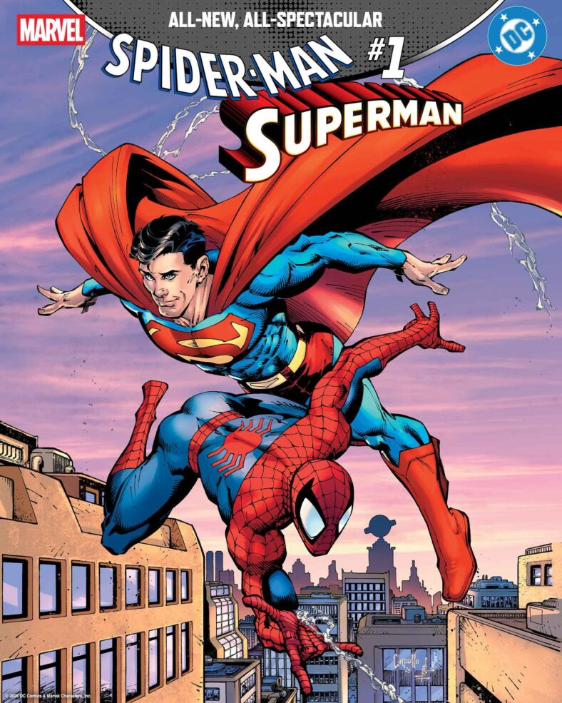 Kal-El and Peter Parker patrol the skies on Greg Capullo's variant cover to Spider-Man/Superman Vol. 1 #1 (2026), Marvel Comics/DC