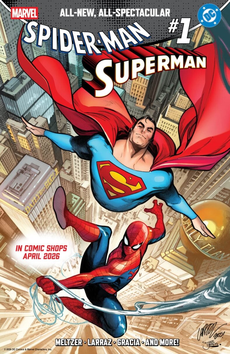Superman gives Spider-Man a tour of Metropolis on Pepe Larraz's standard cover to Spider-Man/Superman Vol. 1 #1 (2026), Marvel Comics/DC