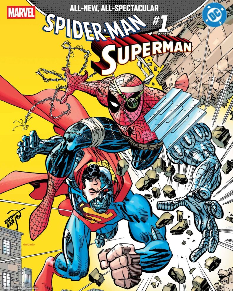 Cyborg-Superman mistakes a recovering Spider-Man for a worthy foe on Erik Larsen's variant cover to Spider-Man/Superman Vol. 1 #1 (2026), Marvel Comics/DC