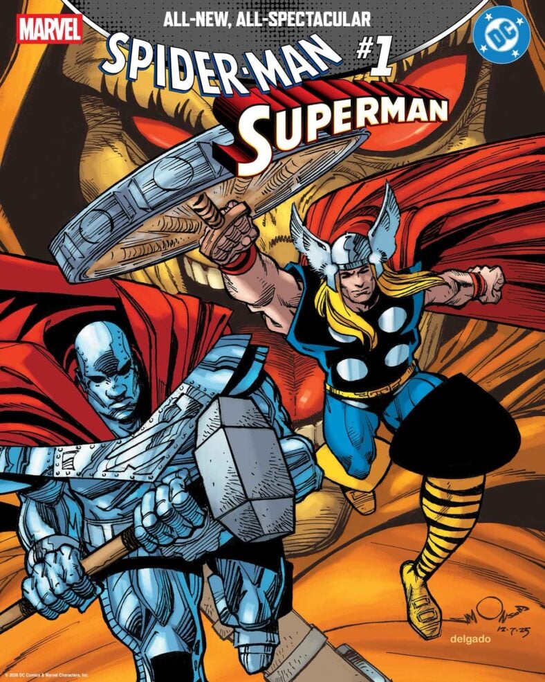 Steel and Thor are ready to hammer out their issues on Walt Simonson's variant cover to Spider-Man/Superman Vol. 1 #1 (2026), Marvel Comics/DC