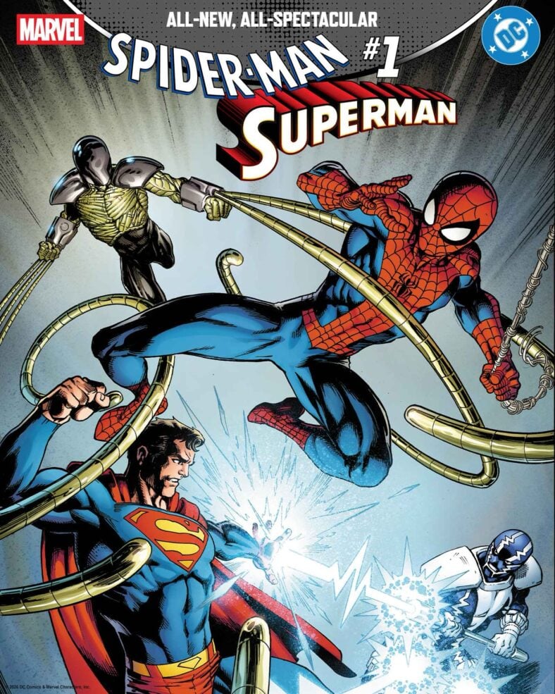 Superman and Spider-Man tangle with Bloodsport and Cardiac on Mark Bagley's variant cover to Spider-Man/Superman Vol. 1 #1 (2026), Marvel Comics/DC