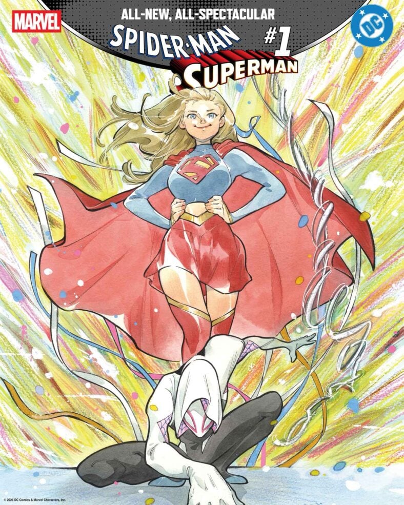 Supergirl and Spider-Gwen bring a little color to the crime-fighting game on Peach Momoko's variant cover to Spider-Man/Superman Vol. 1 #1 (2026), Marvel Comics/DC