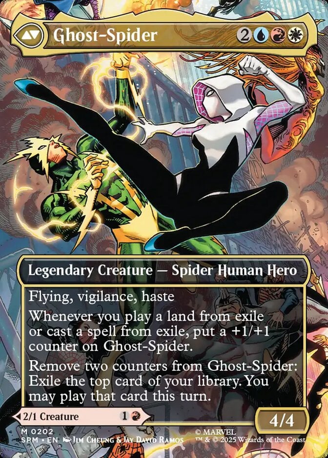 Spider-Gwen takes on Electro via (Card #202), Magic: The Gathering - Marvel's Spider-Man (2025), Wizards of the Coast. Art by Jim Cheung and Jay David Ramos.