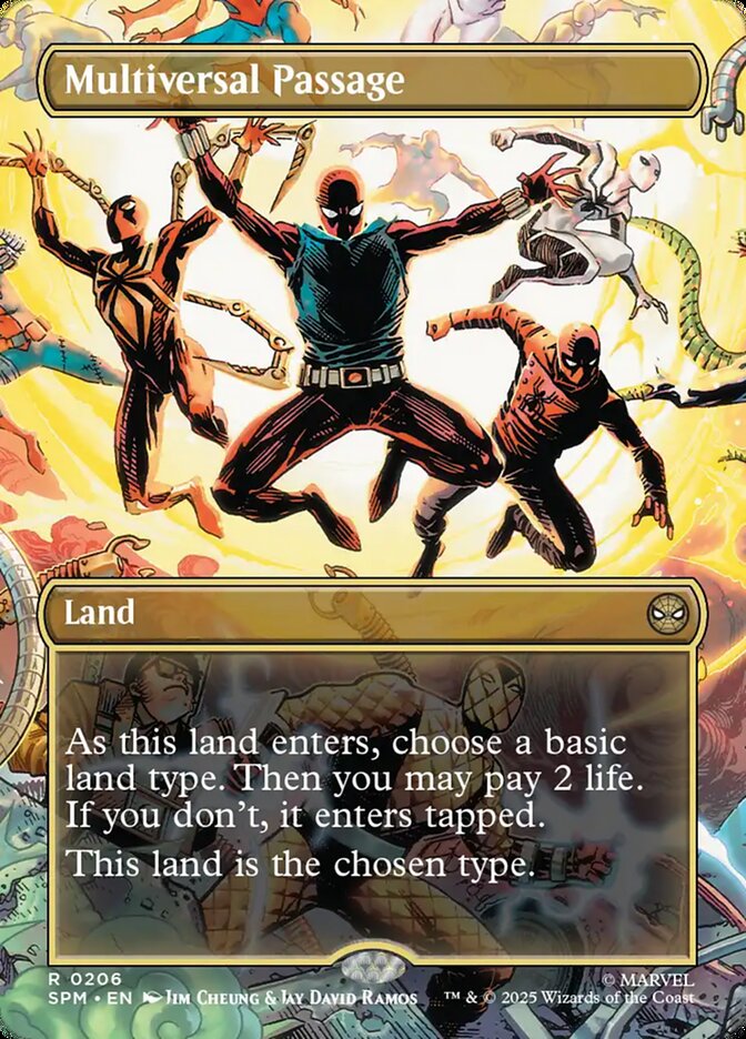 The Scarlet Spider leads the multiversal charge via Multiversal Passage (Card #206), Magic: The Gathering - Marvel's Spider-Man (2025), Wizards of the Coast. Art by Jim Chueng and Jay David Ramos.