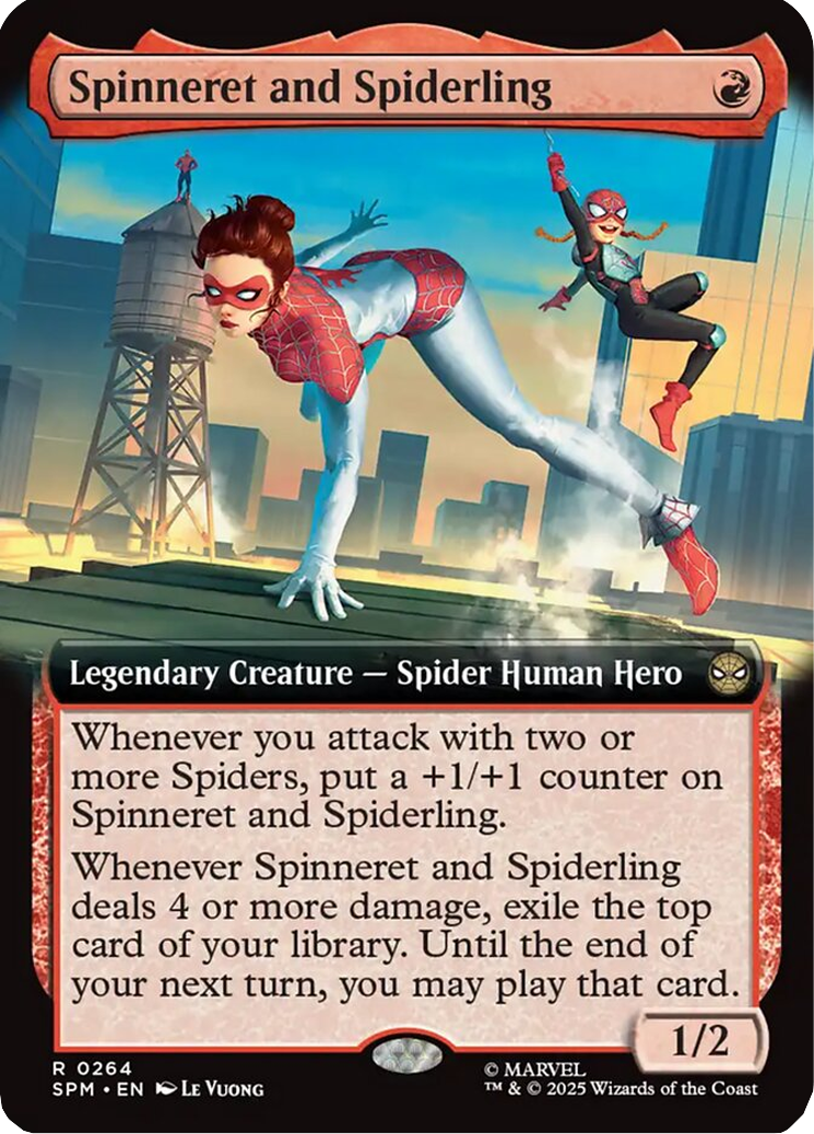 MJ and Annie-May patrol New York's skyline via Spinneret and Spiderling (Card #264) Magic: The Gathering – Marvel’s Spider-Man (2025), Wizards of the Coast. Art by Le Vuong.