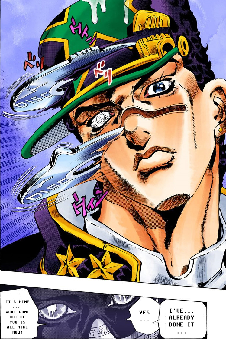 Jotaro Joestar has his Stand, Star Platinum, stolen by Enrico Pucci and Whitesnake in JoJo's Bizarre Adventure Part 6: Stone Ocean Chapter 19 'The Visitor, Part 9' (2000), Shueisha. Words and art by Hirohiko Araki.