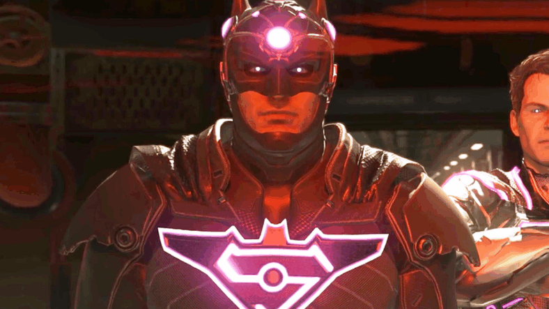 Superman (George Newburn) uses Braniac's (Jeffrey Combs) technology to mind control Batman (Kevin Conroy) and force him to his side in Injustice 2 (2017), NetherRealm Studios