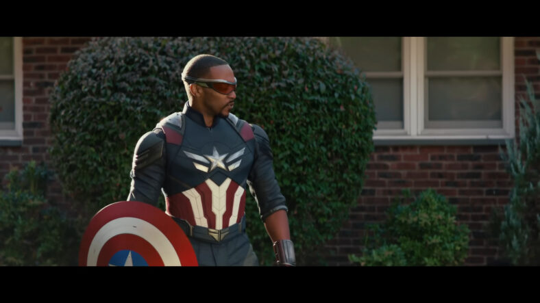 Sam Wilson (Anthony Mackie) makes a personal visit to a family protected by home insurance in an American Family Insurance-sponsored ad for Captain America: Brave New World (2025), Marvel Entertainment