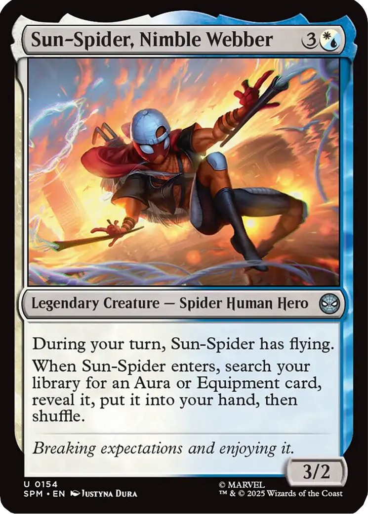 The world's worst industry plant swings into action via Sun-Spider (Card #154) Magic: The Gathering – Marvel’s Spider-Man (2025), Wizards of the Coast. Art by Justyna Dura.