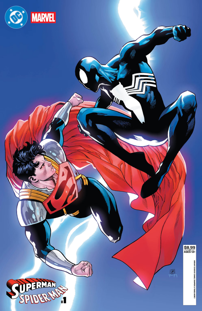 Superboy-Prime finds himself annoyed with Spider-Man's symbiote-side on Daniel Sampere's variant cover to Superman/Spider-Man Vol. 1 #1 (2026), DC/Marvel