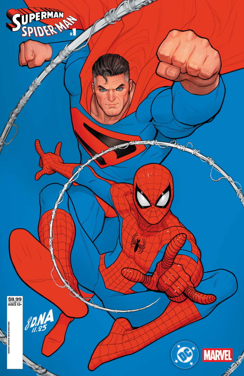 An older Clark Kent still finds time to team-up with Peter Parker on David Nakayama's variant cover to Superman/Spider-Man Vol. 1 #1 (2026), DC/Marvel