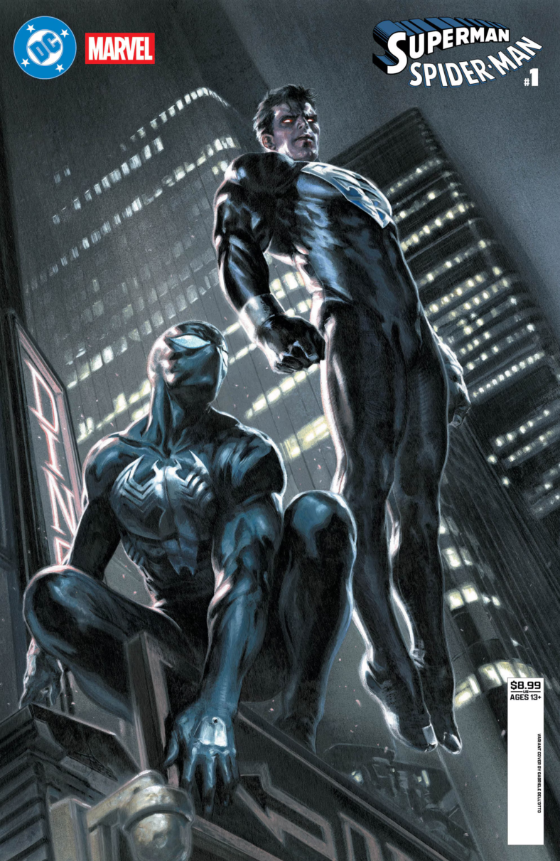 Clark Kent and Peter Parker take their black suits out for a spin on Gabrielle Dell Otto's variant cover to Superman/Spider-Man Vol. 1 #1 (2026), DC/Marvel