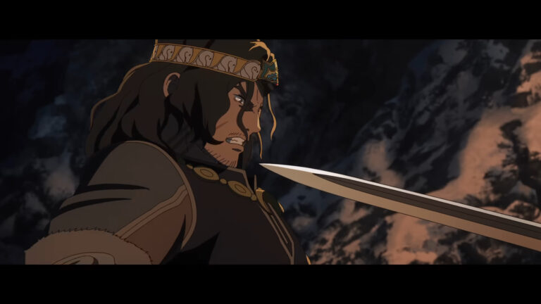 Wulf (Luca Pasqualino) finds himself on the receiving end of Hèra's (Gaia Wise) sword in The Lord of the Rings: The War of the Rohirrim (2024), Warner Bros. Animation