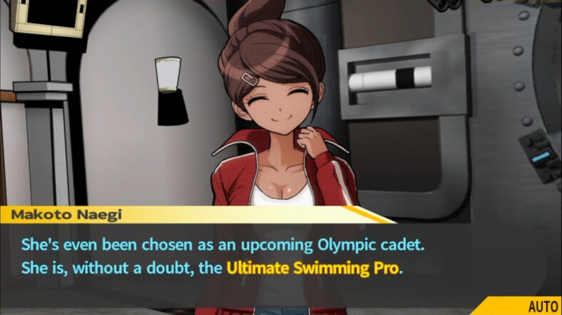 Makoto Naegi (Megumi Ogata) makes the acquaintance of Aoi Asahina (Chiwa Saitō) in Danganronpa: Trigger Happy Havoc (2010), Spike Chunsoft