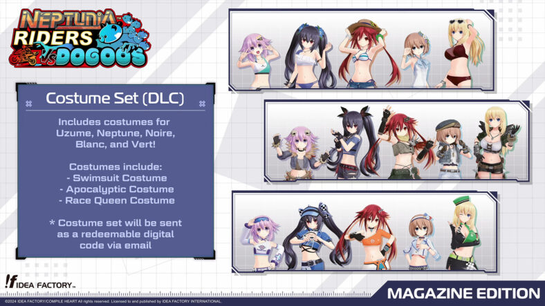 Players can receive three packs of DLC costumes in Neptunia Riders Vs Dogoos (2024), Compile Heart/Idea Factory