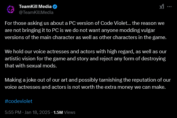 'Code Violet' developers TeamKill Media do not want PC modders making "vulgar" versions of their characters.