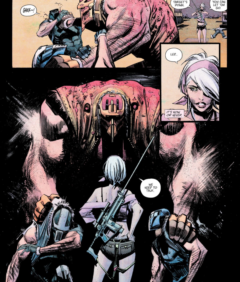 Debbie debriefs Led after their latest victory in Tokyo Ghost Vol. 1 #1 "This One Last Job" (2015), Image Comics. Words by Rick Remender, art by Sean Gordon Murphy, Rus Wooton, and Matt Hollingsworth.