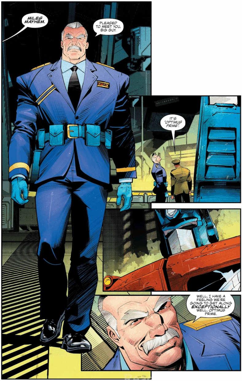 V.E.N.O.M. commander Miles Mayhem introduces himself to Optimus Prime in Transformers Vol. 1 #25 (2025), Skybound Entertainment. Words by Robert Kirkman, art by Dan Mora, Mike Spicer, and Rus Wooton.