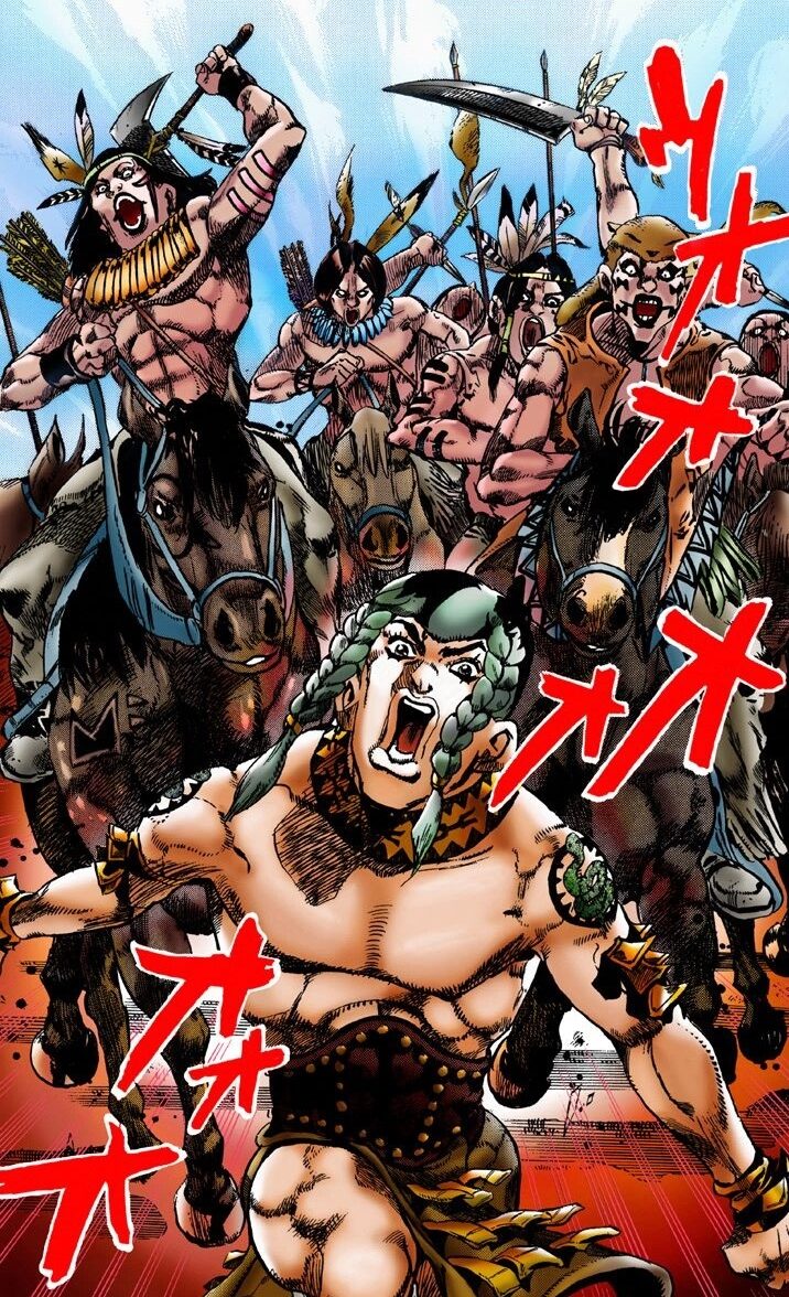 Sandman runs from his tribe in JoJo's Bizarre Adventure Part 7: Steel Ball Run Chapter 1 "The Steel Ball Run Press Conference" (2004), Shueisha. Words and art by Hirohiko Araki.