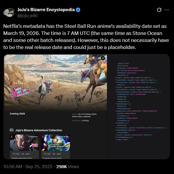 The JJBA wiki digs into the Netflix metadata for  JoJo Bizarre Adventure Part 7: Steel Ball Run (2026), David Productions
