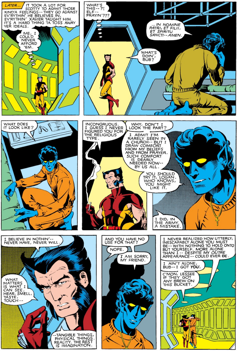 Wolverine and Nightcrawler share their thoughts on religion in Uncanny X-Men Vol. 1 #165 "Transfigurations" (1982), Marvel Comics. Words by Chris Claremont, art by Paul Smith, Bob Wiacek, Lynn Varley, and Tom Orzecheowski.