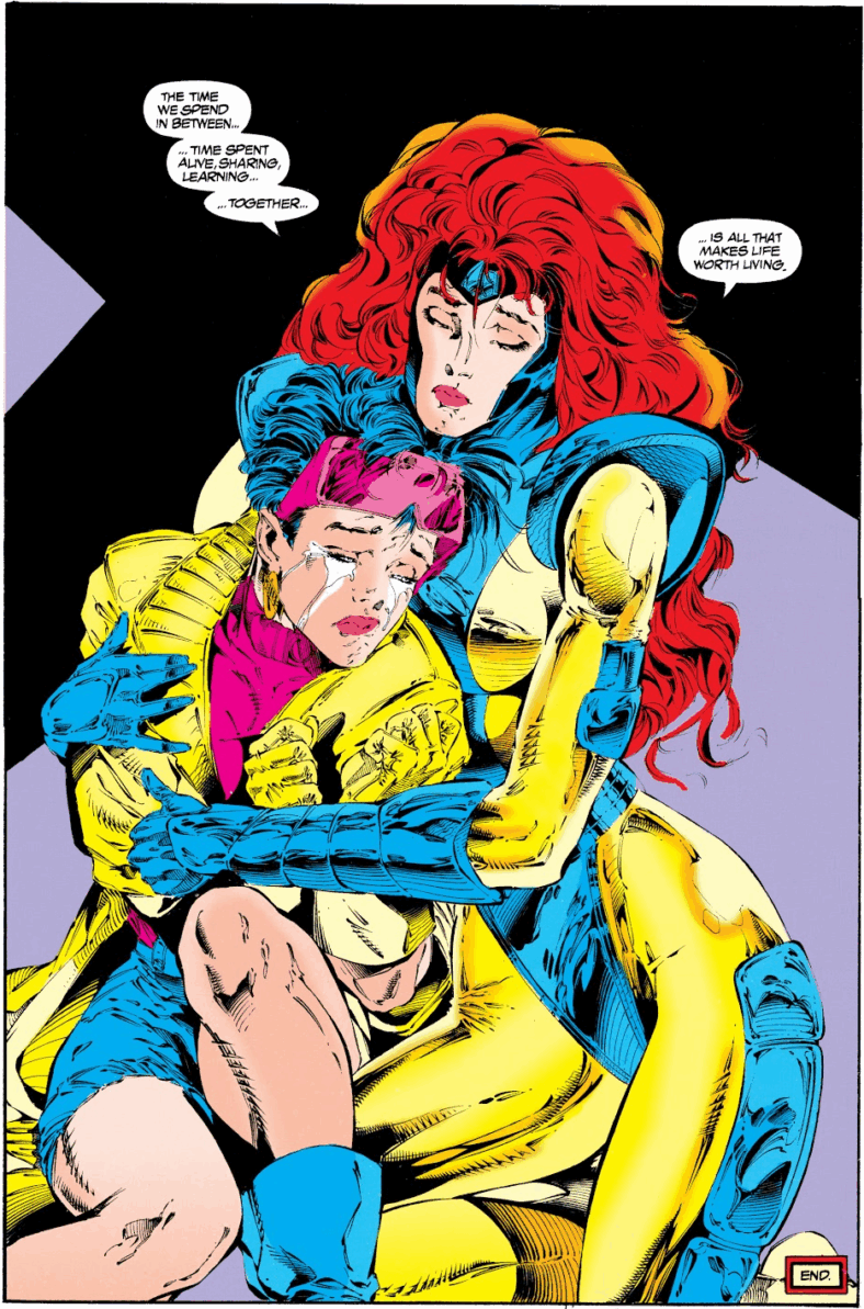 Jean Grey and Jubilee mourn the death of Magik in Uncanny X-Men Vol. 1 #303 "Going Through the Motions" (1993), Marvel Comics. Words by Scott Lobdell, art by Richard Bennett, Dan Green, Joe Rosas, and Chris Eliopoulos.