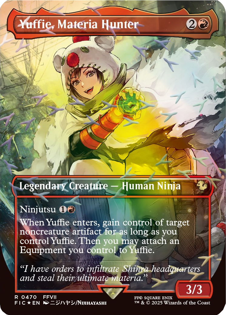 The White Rose of Wutai cuts through via Yuffie, Materia Hunter (Card #470), Magic: The Gathering - Final Fantasy Commander (2025), Wizards of the Coast. Art by Nijihayashi. MTG