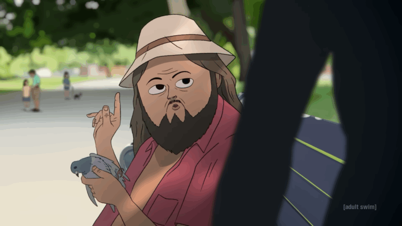 Marshall Cuso (Dave King) demonstrating the healing power of the Mushroom Cure to Frances Applewhite (Emily Pendergast) in Common Side Effects Season 1 Episode 1 "Pilot" (2025), Adult Swim