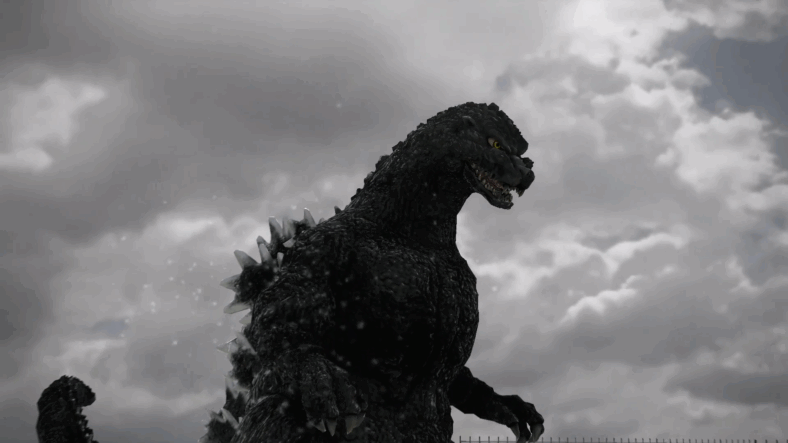 An imposing Godzilla emerges from the water in Godzilla (2014), Bandai Namco