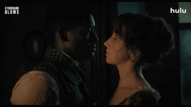 Hezekiah Moscow (Malachi Kirby) kissing Mary Carr (Erin Doherty) in A Thousand Blows Season 1 Episode 3 "I Know You Think You're he Queen of the Underground" (2025), Hulu