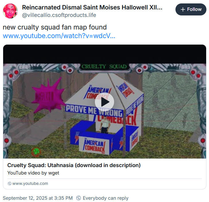 Ville Kallio shares a video of a fan-made Cruelty Squad map, recreating Charlie Kirk's assassination "Utahnasia" via Bluesky
