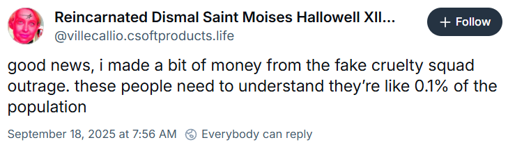 Ville Kallio claims to have made "a bit of money" from the "fake" outrage over sharing a fan-made Cruelty Squad map mocking the assassination of Charlie Kirk via Bluesky