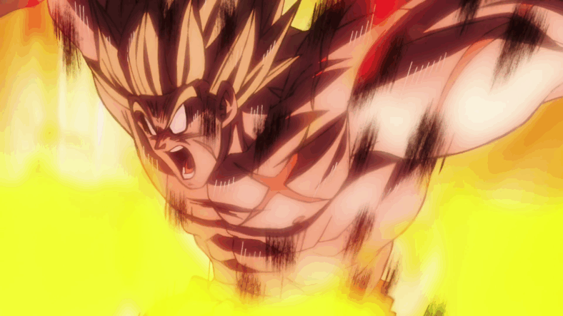 Broly (Bin Shimada) suffers the effect of Gogeta's (Masako Nozawa/Ryō Horikawa)  Soul Punisher attack in Dragon Ball Super: Broly (2018), Toei Animation