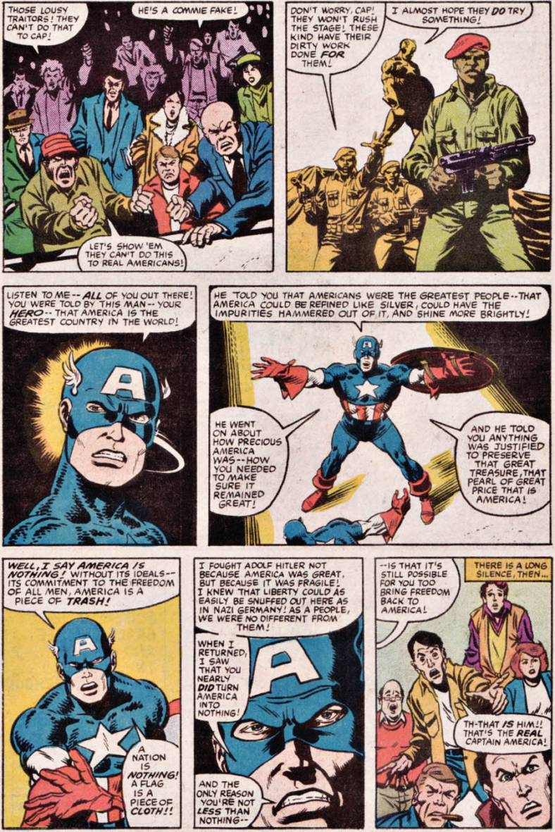 Captain America calls on his fellow country men to remember what America stands for in What If? Vol. 1 #44 "What If Captain America Were Not Revived Until Today?" (1984), Marvel Comics. WOrds by Peter Gillis, art by Sal Buscema, Dave Simons, George Roussos, and John Morelli.