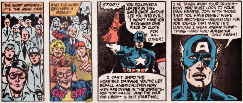 Captain America cautions his fellow Americans against rallying behind another symbol in What If? Vol. 1 #44 "What If Captain America Were Not Revived Until Today?" (1984), Marvel Comics. WOrds by Peter Gillis, art by Sal Buscema, Dave Simons, George Roussos, and John Morelli.