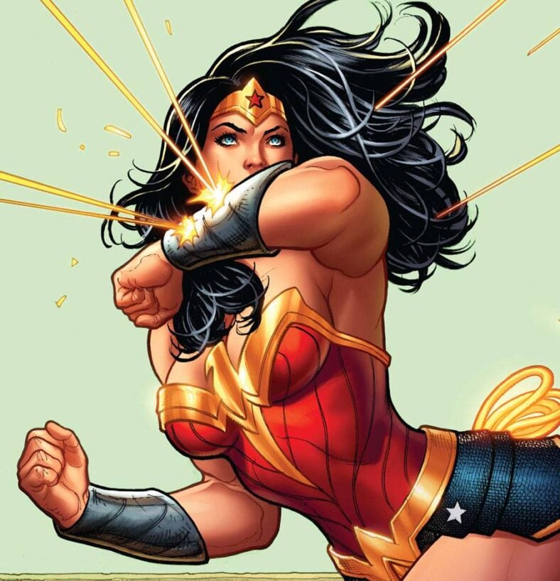 Wonder Woman deflects a hail of incoming gunfire on Frank Cho's variant cover to Wonder Woman Vol. 5 #3 "The Lies, Part Two" (2016), DC