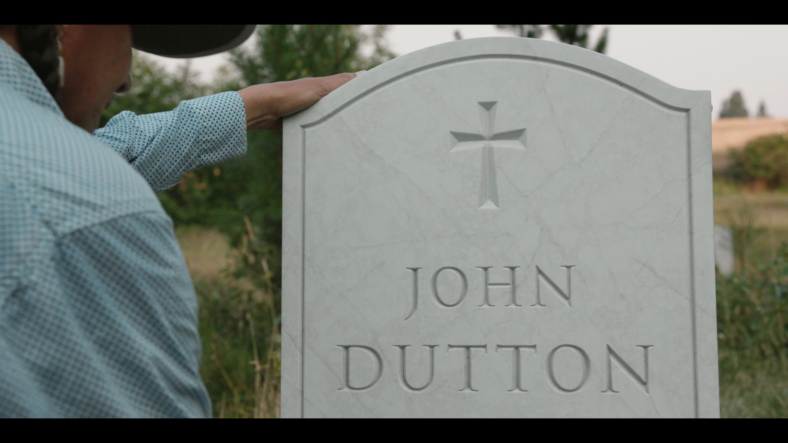 Mo (Mo Brings Plenty) restores the grave of John Dutton (Kevin Costner) in Yellowstone Season 5 Episode 14 "Life is a Promise" (2024), Paramount