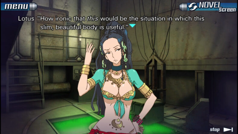 Lotus (Rie Tanaka) realizes her 'slim figure' is perfect for solving the next puzzle in Zero Escape: Nine Hours, Nine Persons, Nine Doors (2009), Spike